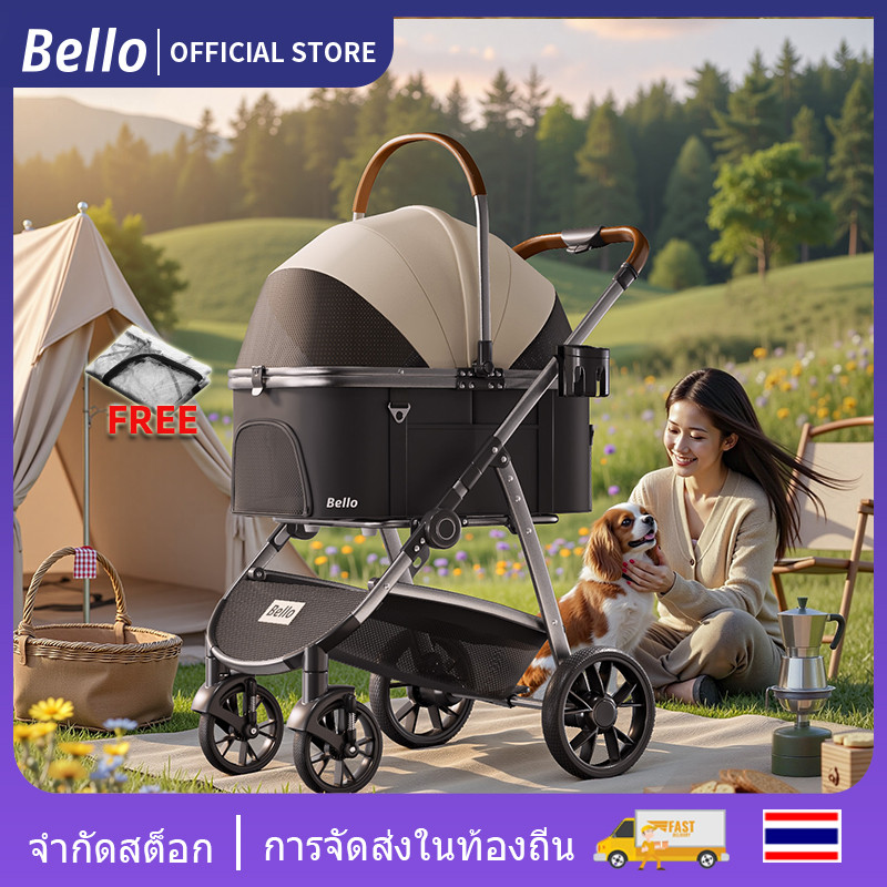 BELLO L9 TH ใหม่ล่าสุดรถเข็นสัตว์เลี้ยงขนาดใหญ่ Camping แมวรถเข็นสุนัขพับ FoldingLarge Space Bearing 30KG สําหรับกลางแจ้ง parm รถเข็น
