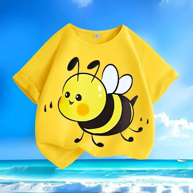 เสื้อยืดเด็กสไตล์ใหม่ลายผึ้งสุดทันสมัย คอกลม ทรงหลวม ใส่สบายสำหรับฤดูร้อน - เสื้อน่ารักสำหรับเด็กชายและเด็กหญิง