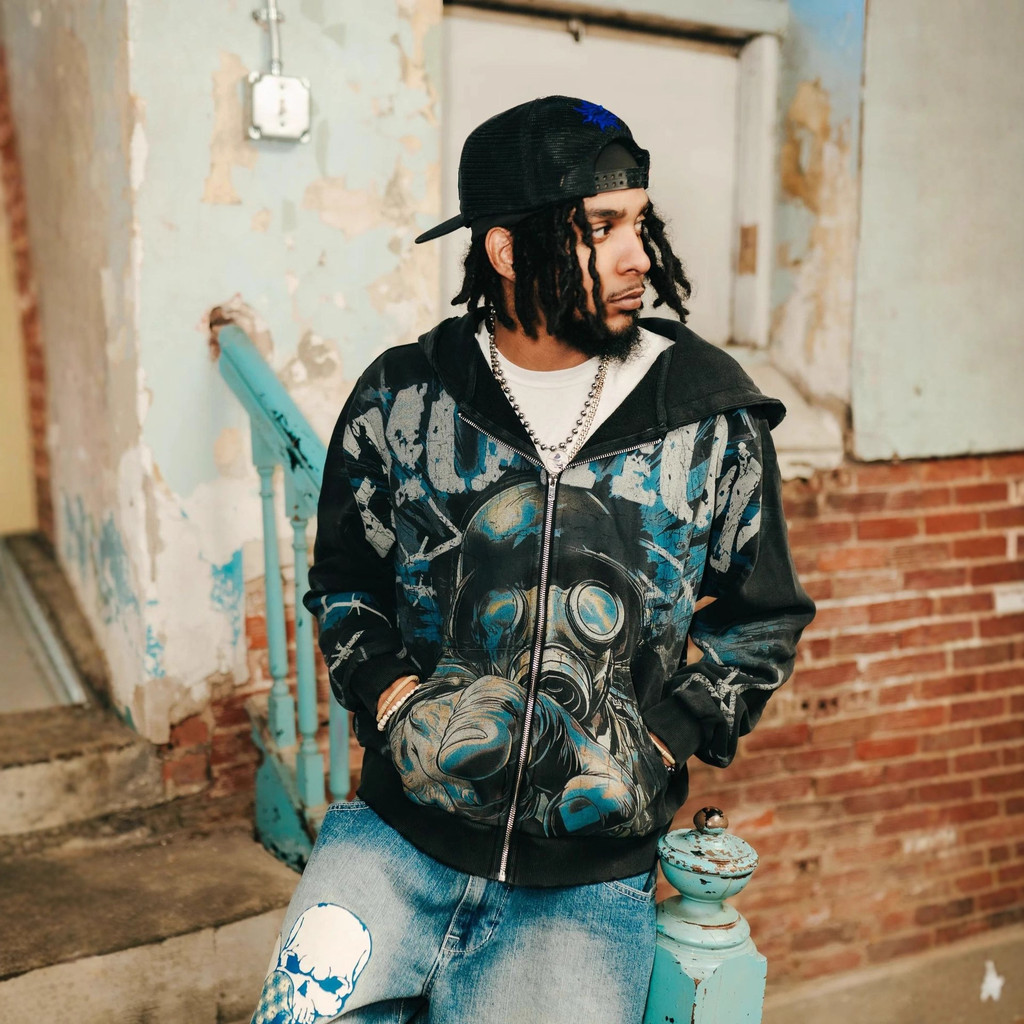 59A6 MIXED EMOTION Hip-hop retro print loose casual washed distressed cardigan hooded jacket