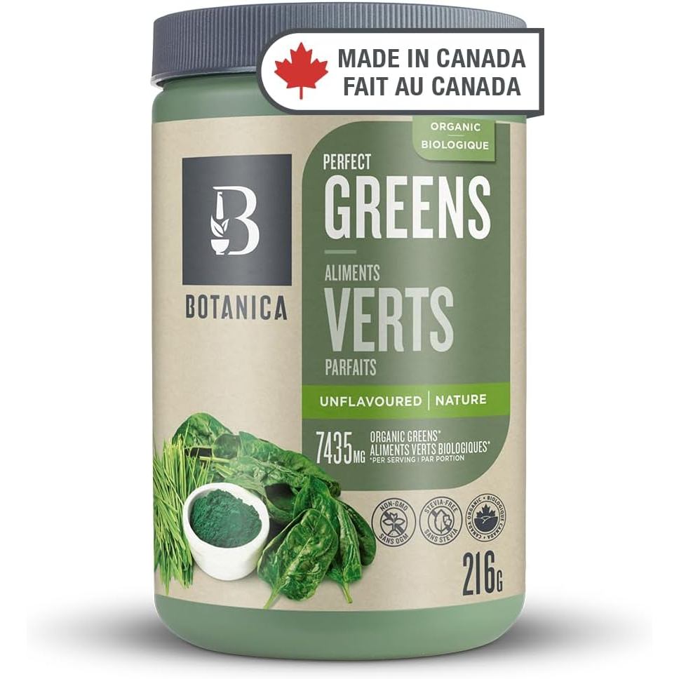 Botanica Perfect Greens Powder - ผลิตในแคนาดา, ปราศจากกลูเตน, ออร์แกนิกสาหร่ายสไปรูลิน่าและคลอเรลลา 