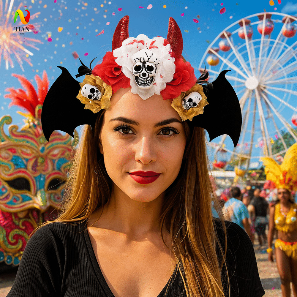 INQUIRY IMPACT Skull Head Hair Hoop, Gothic Dark ฮาโลวีน Skull Headband, ยุ้ยค้างคาวตกแต่งจําลองดอกไ