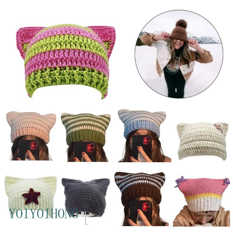 หมวกหูฟังสไตล์ anime Y2K สำหรับผู้หญิง crochet handmade