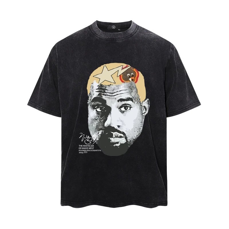 เสื้อยืดแขนสั้น Kanye West ลายเสื่อมแบบ distressed