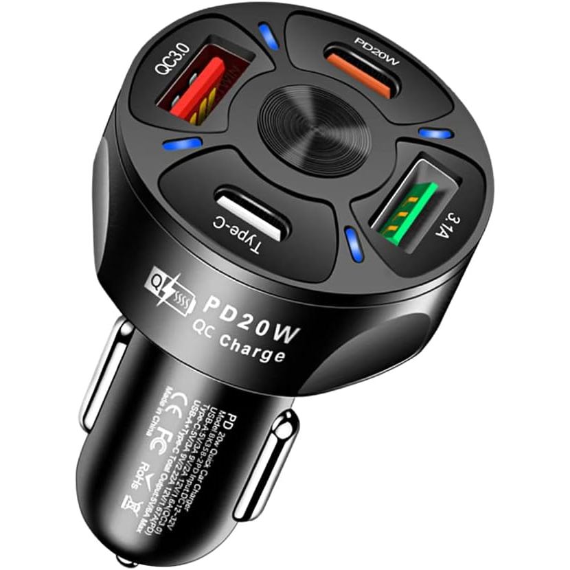 65W 4 พอร์ต Car Fast Charging Charger อะแดปเตอร์ไฟแช็ก,พร้อม QC 3.0 15W & PD 20W & Type C รถชาร์จโทร