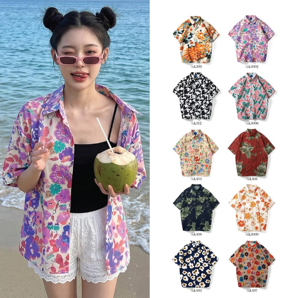 เสื้อสงกรานต์ ผู้หญิง ฮาวาย ปกเชิ้ต กระดุมหน้า ผ้าไหมอิตาลี สีขาวดอกม่วง ชุดไปทะเล เสื้อลายดอก #3002