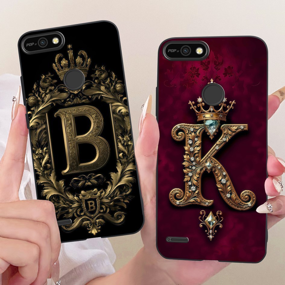 สําหรับ Tecno Pop 2 2F กรณี B1c แฟชั่นตัวอักษรเริ่มต้น Crown นุ่มซิลิโคนสีดําเคสโทรศัพท์สําหรับ Tecn