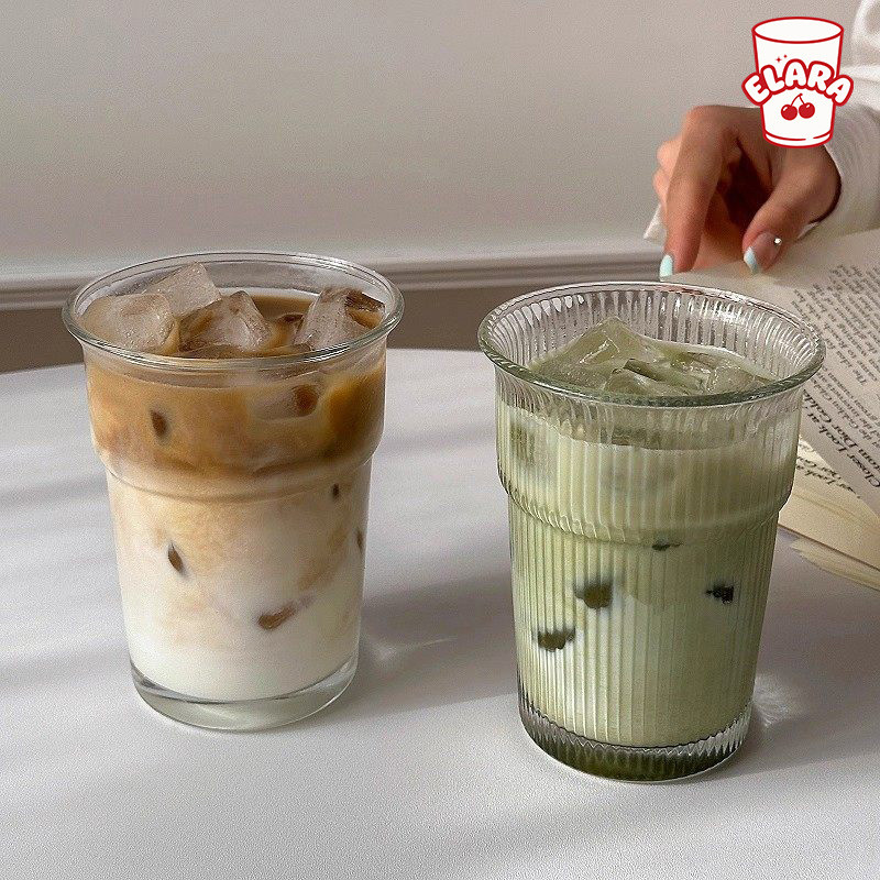 แก้วน้ำแก้วใส 430ml สไตล์วินเทจ ลายริ้ว แก้วกาแฟ แก้วนม แก้วน้ำผลไม้ ใช้ได้ร้อน/เย็น
