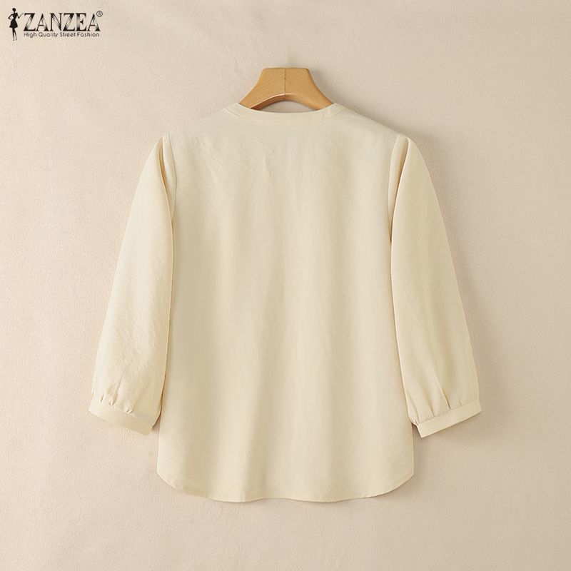 ZANZEA เสื้อผ้าแฟชั่นเกาหลีสำหรับผู้หญิง ออกแบบมาสำหรับต้นฤดูใบไม้ผลิ ทรงคอกลม แขนสาม_quarter สไตล์เสื้อปักกระดุมแถวเดียวสีทึบ — صورة 8