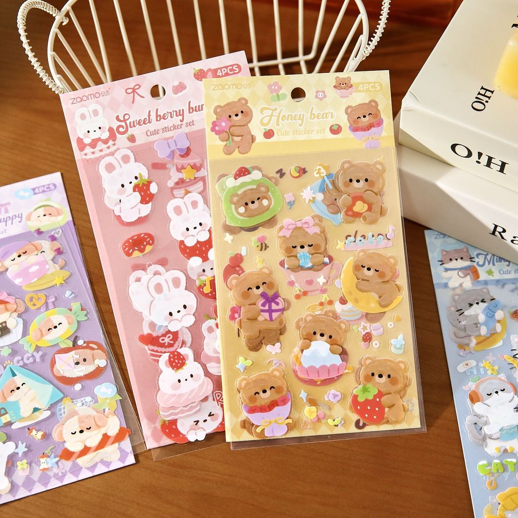 QOUZMO [Soft Time Series] สติ๊กเกอร์สัตว์ PET แบบใส | 4 รูปแบบ 4 แผ่น DIY Journal Decor