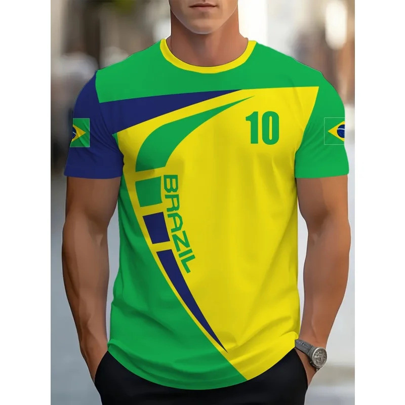 3D รูปแบบฟุตบอลเสื้อยืดสําหรับชายบราซิลเสื้อกีฬา 3D พิมพ์ Tees ลําลองแขนสั้น O-คอ Tops Street T เสื้