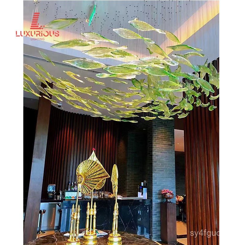 Art Glass Chandelier Leaf Shape Unusual Lighting for Lobby Hotel Banquet Guesthouse Non-standard Lig