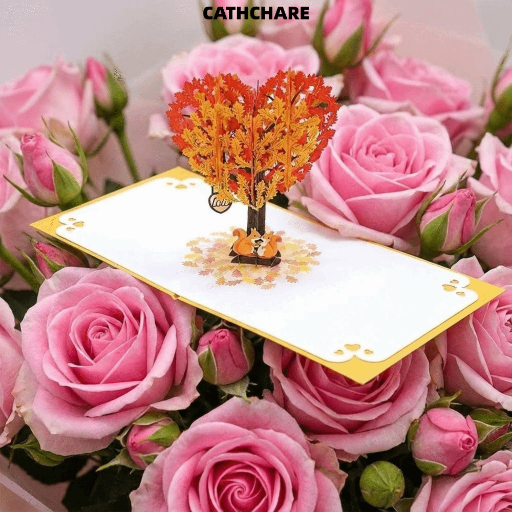 CATHCHARE294 การ์ดวันวาเลนไทน์, การ์ดป๊อปอัพป๊อปอัพคู่กระรอก, การ์ดของขวัญ Heart Tree Pop-Up Design 