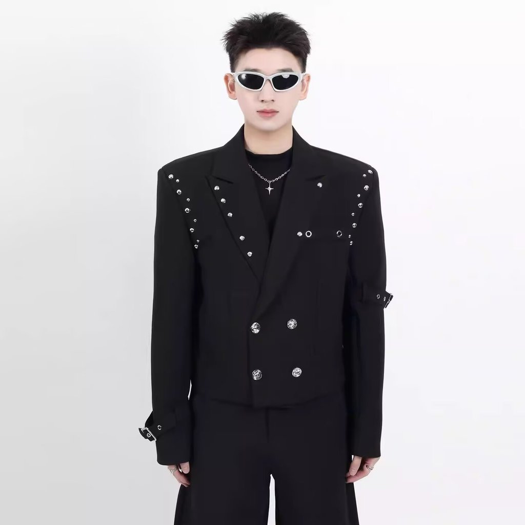 สั้น Double-Breasted Tie Suit สำหรับผู้ชาย