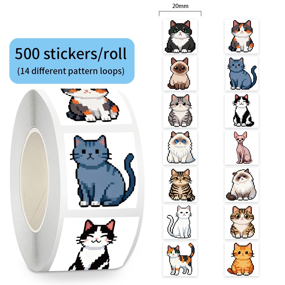 500 ชิ้น/ม้วนสติ๊กเกอร์แมวพิกเซลน่ารัก - สติ๊กเกอร์รีดน่ารักสําหรับโน๊ตบุ๊คและ DIY Craft Embellishment