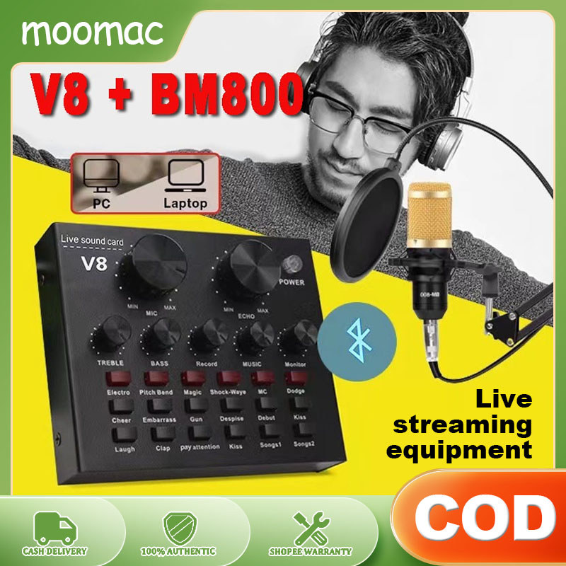การ์ดเสียงสด V8S พร้อม Bluetooth - ไมโครโฟนคอนเดนเซอร์ระดับมืออาชีพ BM800 ครบชุดสําหรับสตรีมมิ่งและค