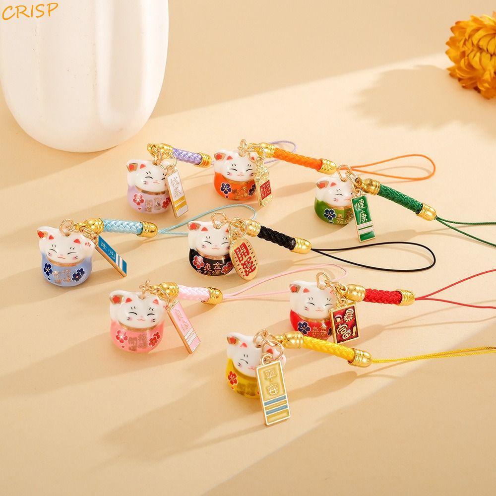 CRISP เซรามิค Lucky Cat โทรศัพท์ Charms,สไตล์จีนโลหะ Maneki Neko โทรศัพท์โซ่,โทรศัพท์มือถือการ์ตูน Fortune Trinket Fortune Cat Key CHAIN ของขวัญปีใหม่