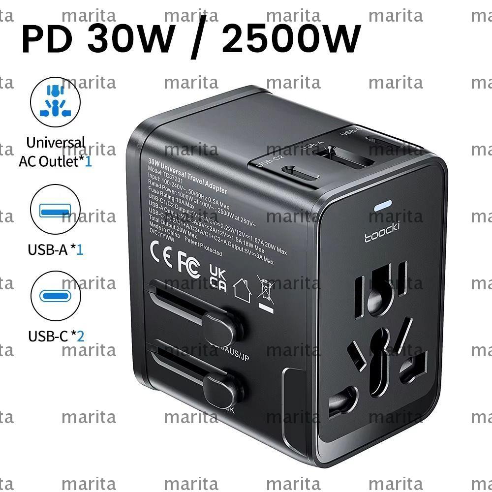 MARITA Travel Charger Adapter, 30W Universal AC Socket Converter, แบบพกพาปลอดภัย 2USB-C & USB-A Fast