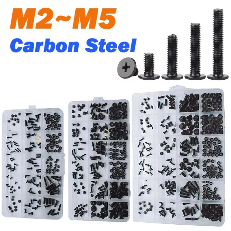 สกรู Assortment Kit M2 M2.5 M3 M4 M5 เหล็กคาร์บอนสีดํา Phillips Ultra Thin Flat Wafer Head Screw Bolt Nut ชุดกล่องสําหรับคอมพิวเตอร์