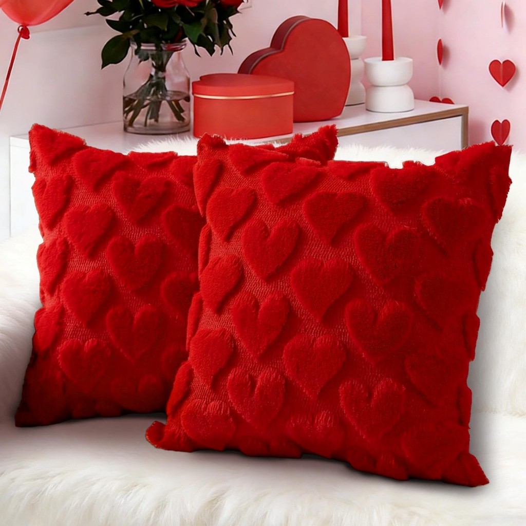 Valentines Day Decorations Pillow Covers - 18x18 inch Heart Shaped Pattern Faux Fur Soft Plush Throw