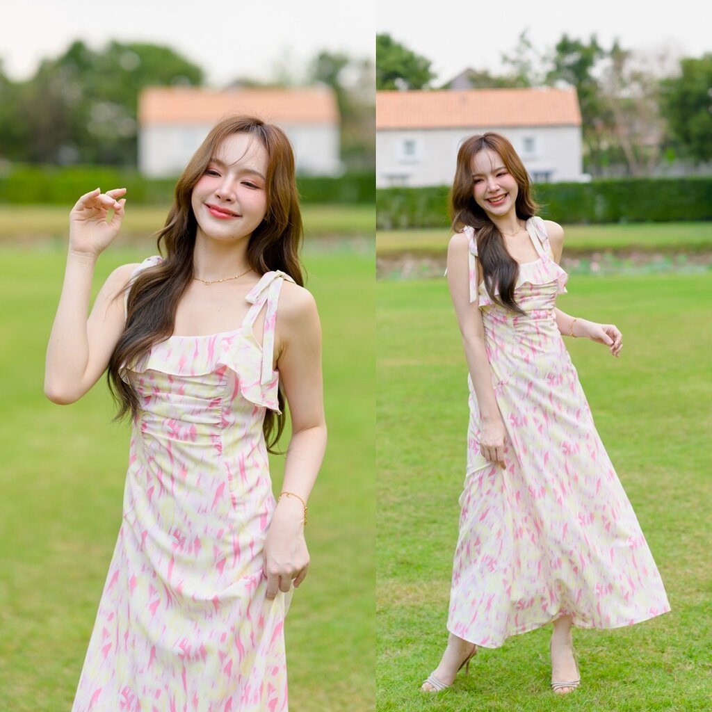 Love in a mist Maxi dress – ลายสีน้ำโทนสีชมพู