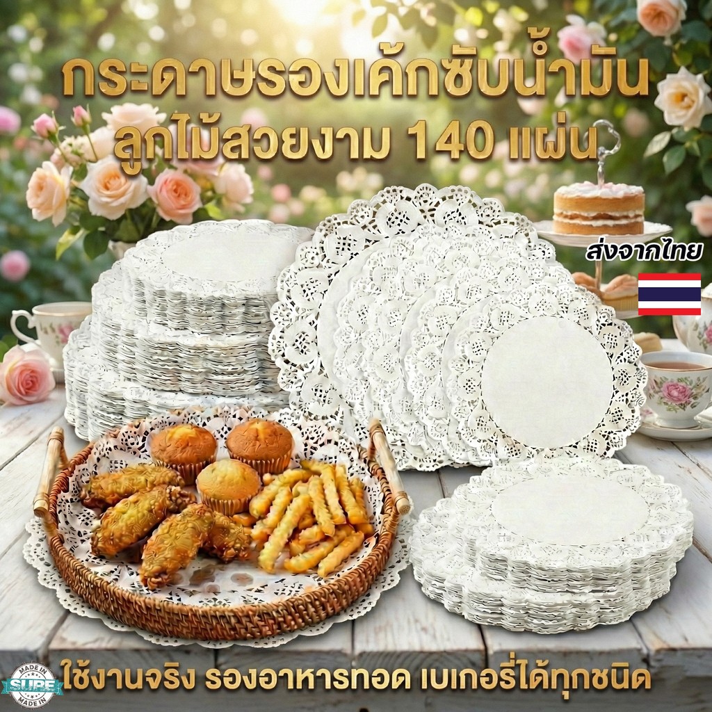 [B004]กระดาษดอลลี่ ลูกไม้ ทรงกลม ขนาด 4.5 - 7.5 นิ้ว (150แผ่น/แพ็ค) ที่รองเค้ก รองก้นถุง อาหาร ขนม ซับน้ำมัน