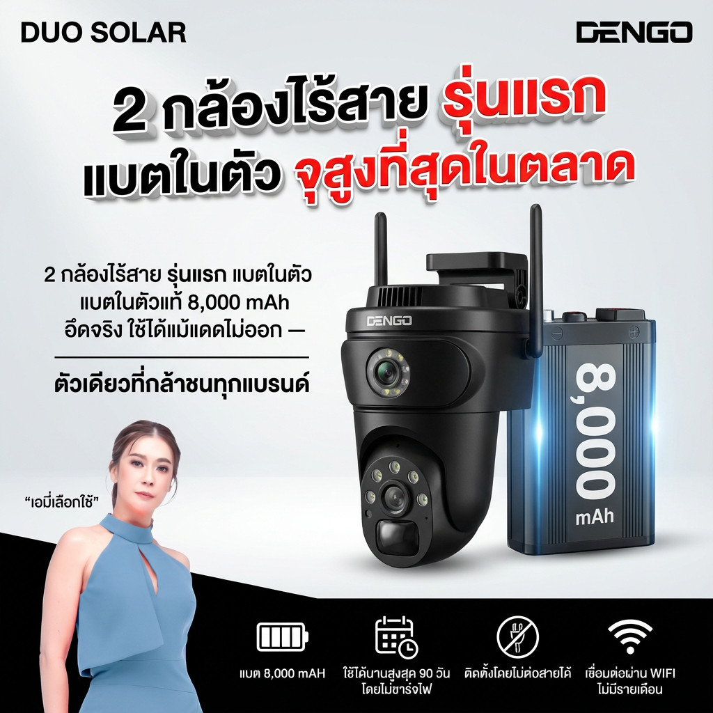 Dengo Duo Solar 2.5K กล้องวงจรปิดไร้สาย แบตในตัว พร้อมแผงชาร์จโซล่าเซลล์ ชัด 2.5K ประกัน 1 ปี
