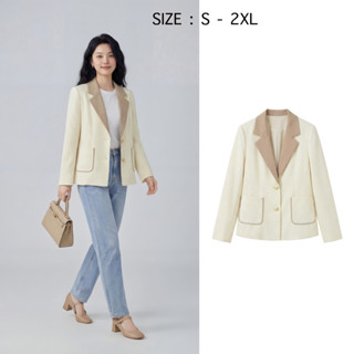 เสื้อเบลเซอร์ สูทสไตล์คุณหนู ผ้าปิเก้ ลายวาฟเฟิล ตัดปกและขอบ…