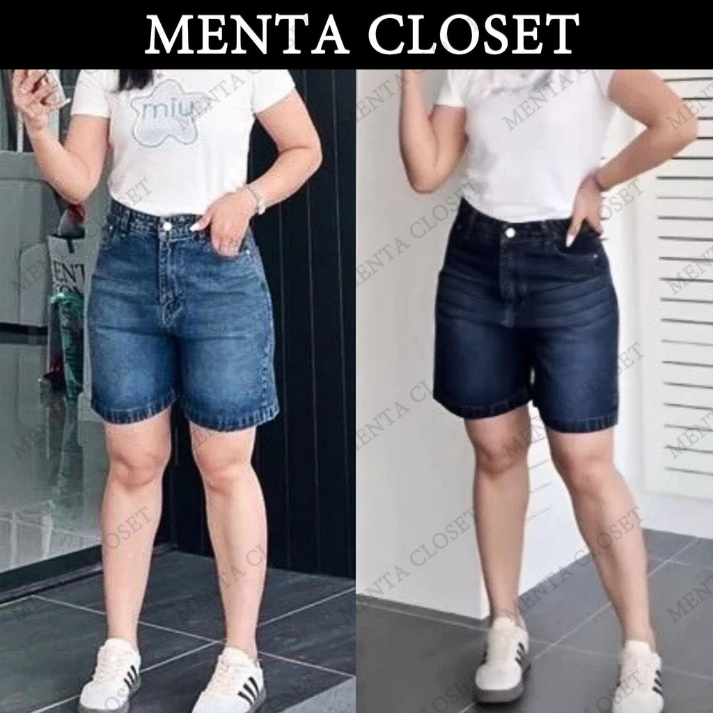 MentaCloset กางเกงขาสั้นยีนส์วินเทจ สองสี เอวสูงและทำให้ดูผอมเพรียว กางเกงยีนส์ไซส์ใหญ่ กางเกงขาสั้น🩵6634