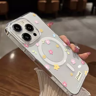 เคสโทรศัพท์แบบใสแม่เหล็กสำหรับ iPhone 17 11 12 13 14 Plus 15 Pro Max เคสลายดอกไม้กันกระแทกซิลิโคนฝาหลังแข็ง