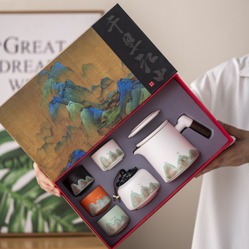 Qianli Jiangshan ถ้วยสํานักงานชุดน้ําชาสําหรับเดินทางกล่องของขวัญชุดพรีเมี่ยมชาแยกน้ํากิจกรรมของที่ร