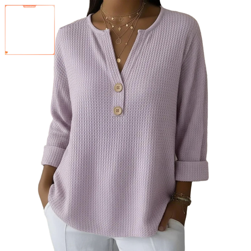 Twt ผู้หญิงเสื้อทุกวันสวมใส่ผู้หญิงs V คอปุ่มครึ่ง Placket แขนยาวPullover Top Soft ยืดวาฟเฟิลเนื้อหล