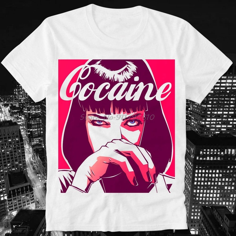จัดส่งภายใน 24 ชั่วโมงT Shirt HOTBOX Cocaine Kokain Mia Wallace Pulp Fiction Trippy Swag Men Cotton 