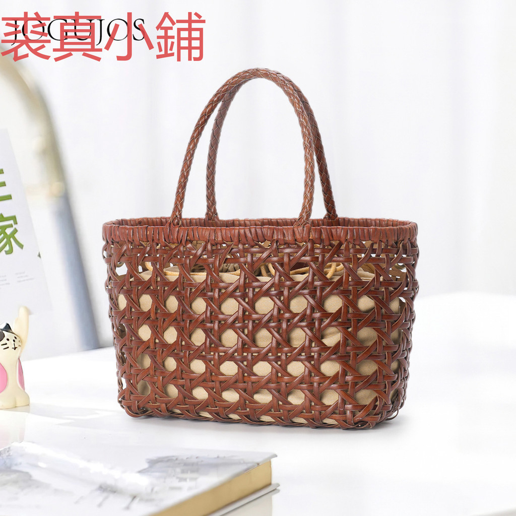 Qiuzhen Shop Cowhide กระเป๋าทอมือ Casual Simple กระเป๋าถือหนังมัลติฟังก์ชั่น Hollow ตะกร้ากระเป๋า 26