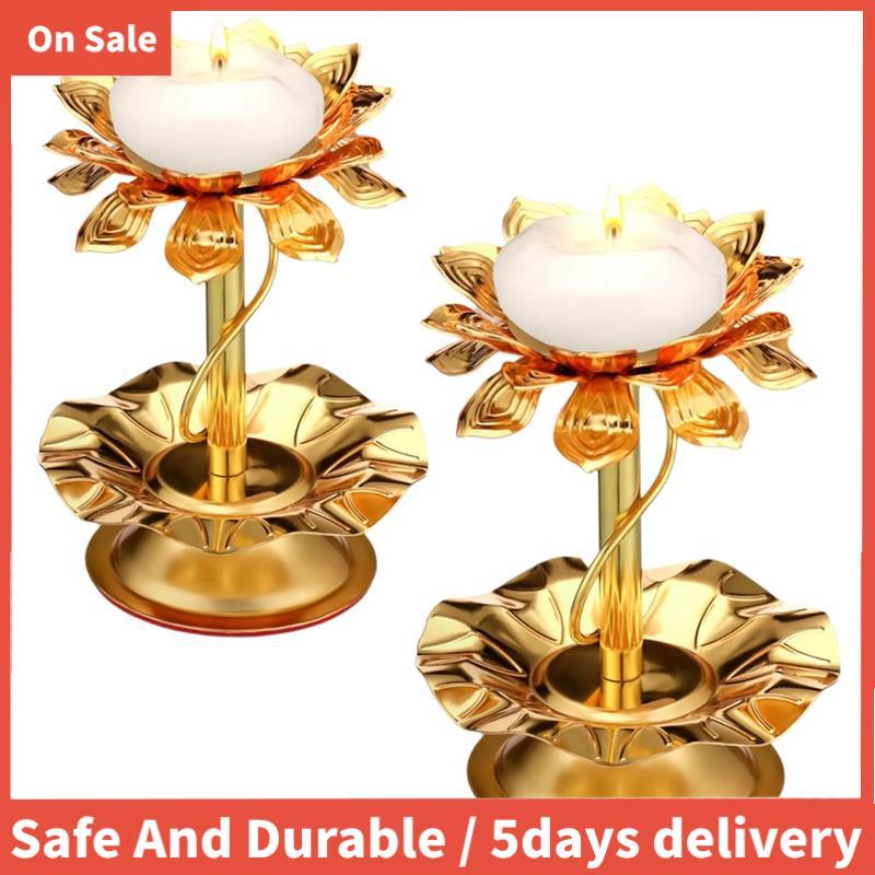 โลหะสําหรับ Diwali Lotus เชิงเทียน 2 ชิ้น Diya สําหรับ Diwali Pooja Ghee โคมไฟตกแต่ง