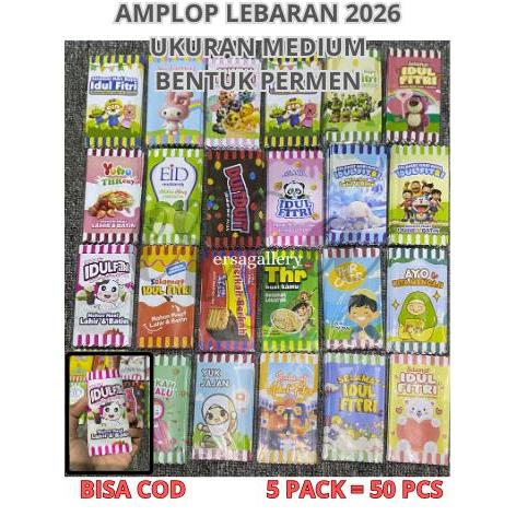 (5 แพ็ค = คอนเทนติส 50 ชิ้น) EID AL-FITR ENVELOPE UK MEDIUM CANDY SHAPE SNACK/CARTOONS/SHABIC THEME