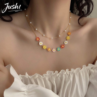 JUSHI Bohemian Pearl Daisy Layered Chain สร้อยคอ Y2K เครื่อง…