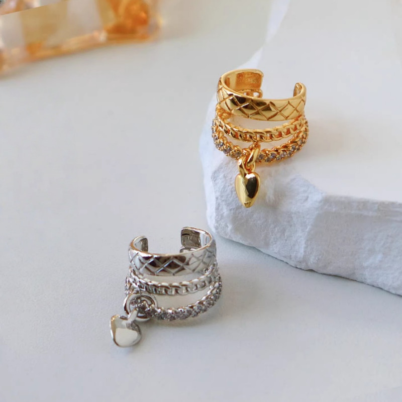 XIYA Niche Design Sense Multi-Layer Love Heart Zircon หูกระดูกคลิปสามชั้นเพทายลายสก๊อตโซ่หูคลิปต่างหู One Piece