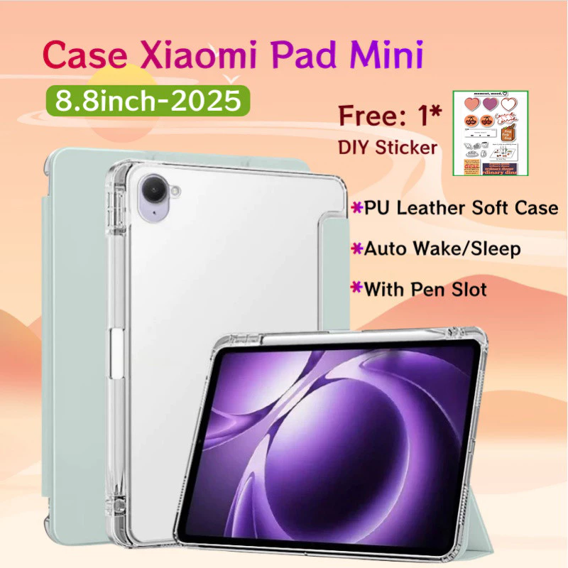 เหมาะสําหรับ Xiaomi Pad Mini 8.8 นิ้ว 2025 ปลอกที่ใส่ดินสอหนัง PU นุ่มกลับโปร่งใสแท็บเล็ตสําหรับ Xiaomi Pad mini 8.8 "กรณี