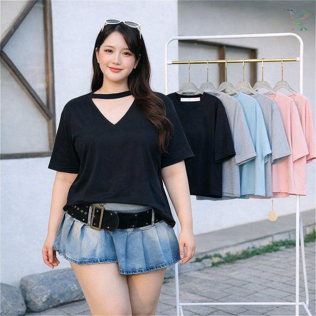 HMB® เสื้อแฟชั่น ไซส์ใหญ่ เสื้อคอวี ดีเทลแต่งขาด ทรงครอป ผ้าคอตตอนผสม เนื้อผ้ายืดหยุ่น ใส่สบาย แมทช์