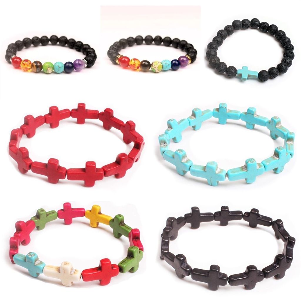 Hot Sale#Pengrun Colorful Volcanic Stone Bracelet Cross Stone New Handmade Beaded Natural Volcanic S