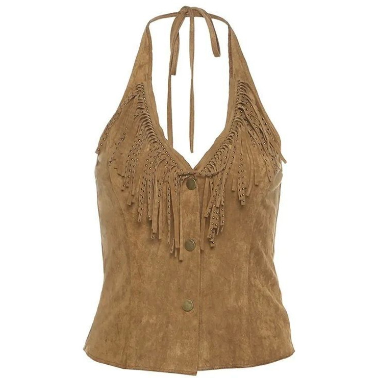 TCH เสื้อกั๊กผู้หญิงสไตล์เรโทร สีน้ำตาล คอHaltermีพู่ระบาย ทรงกระชับ เย็บละเอียด ดีไซน์ยกทรงสั้น