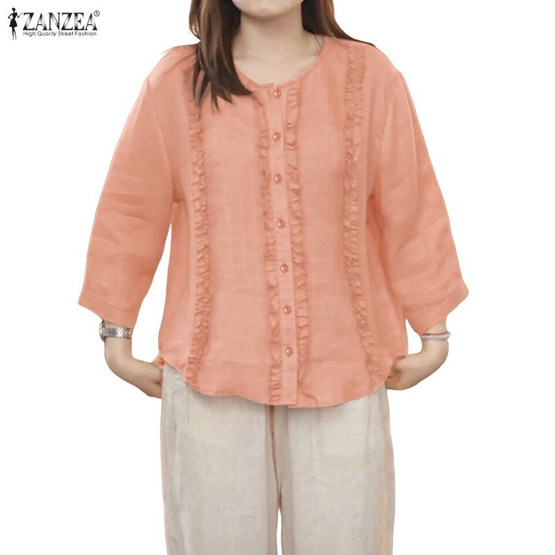 ZANZEA เสื้อลายแพตช์เวิร์คและรัฟเฟิล สไตล์เกาหลีสำหรับผู้หญิง มีปุ่มด้านหน้า แขนสั้น 3/4