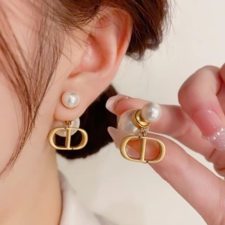 ต่างหูแฟชั่น ต่างหูเข็มเงิน S925 ประดับไข่มุก ตัวอักษรคู่ สไตล์เกาหลีใต้ สําหรับผู้หญิง E049