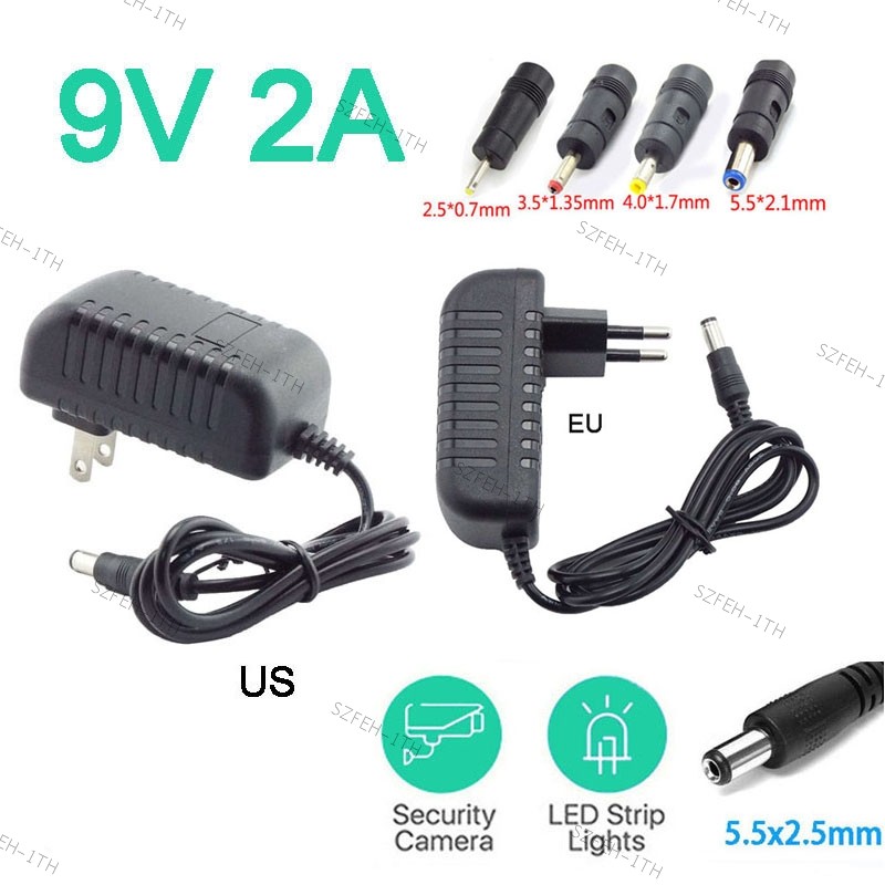 AC 110V-240V Power Supply Adapter DC 9V 2A Charger 5.5*2.1 มม.4.0*1.7 มม.3.5*1.35 มม.2.5*0.7 มม.ปลั๊