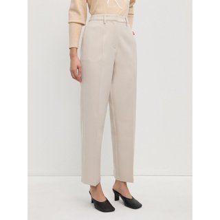 [Pomelo] กางเกงขายาวทรงกระบอกกว้างเอวสูงแต่งจีบหน้า หูเข็มขั…