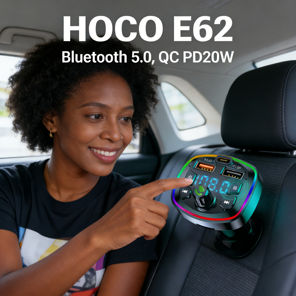 E62 Hoco ในรถยนต์ 8Qบลูทูธ FM Transmitter PD20W + 3.0 QC display LED Bluetooth5.0 Car Kit