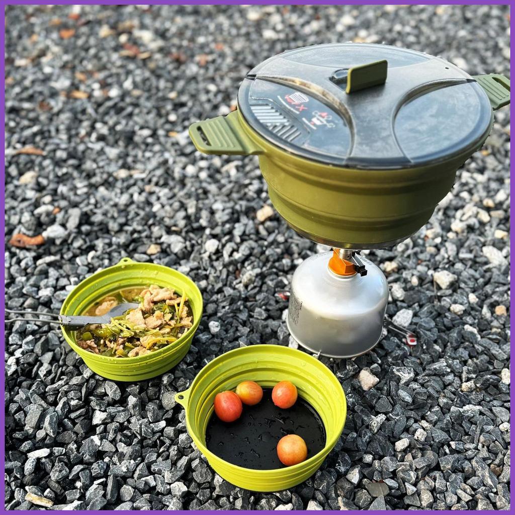 Camping ชุดเครื่องครัวแบบพกพา Camping Pans สําหรับทําอาหารสแตนเลสชุดซิลิโคนเครื่องครัวเครื่องมือจานส