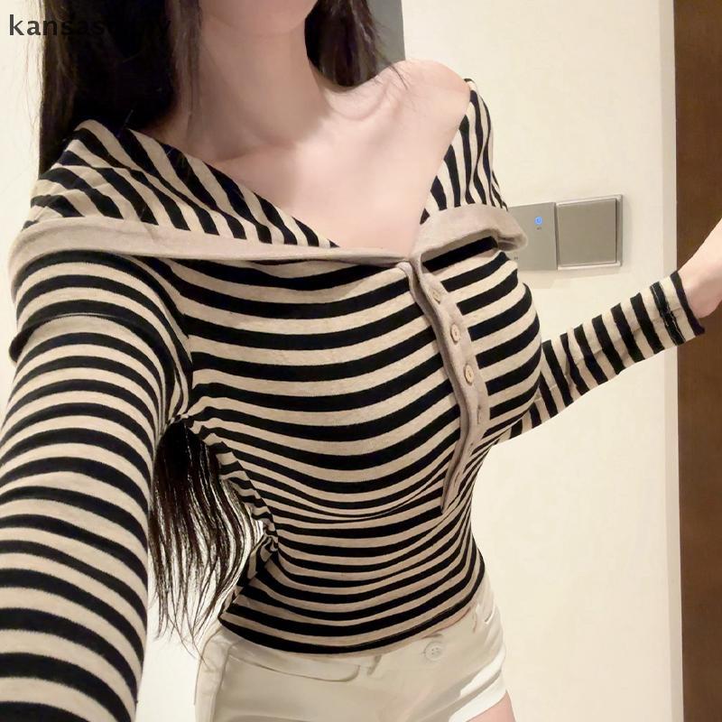 [KSA] Stripe ผู้หญิงแขนยาวครึ่งเปิดคอปก Tees แฟชั่นปุ่มลําลองทุกการแข่งขัน [MY]