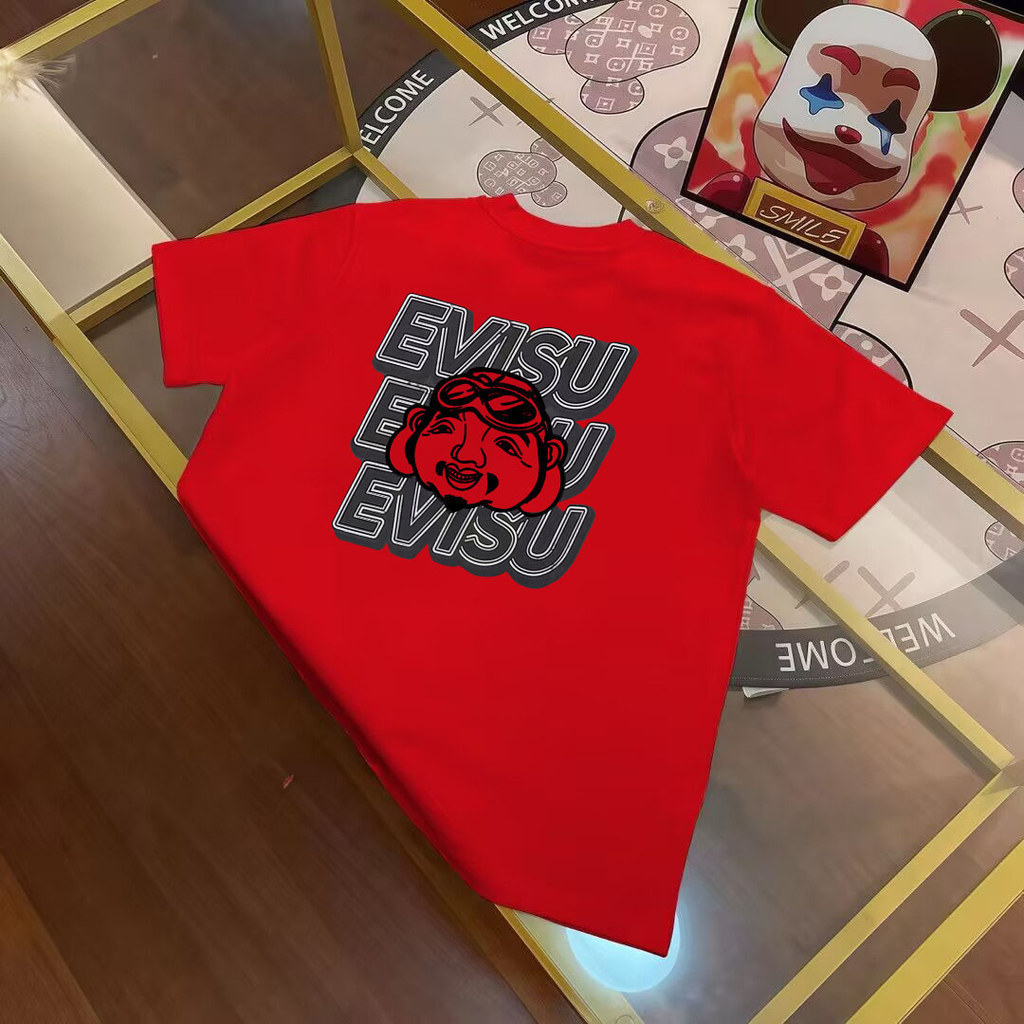 EVISU/God of Fortune/6XL2026 ต้นฤดูใบไม้ผลิสไตล์ใหม่แขนสั้นเสื้อยืดผู้ชายผู้หญิงคู่ขนาดใหญ่ฤดูใบไม้ร