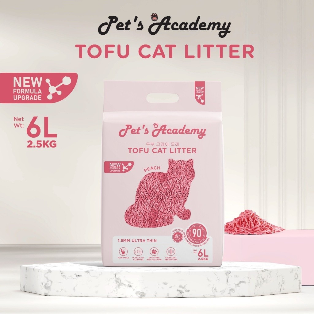 PETS ACADEMY เต้าหู้แมวครอกพีช 6L / 2.5 กก. 1.5 มม. Flushable, Strong Odor Control Pasir Kucing Anti